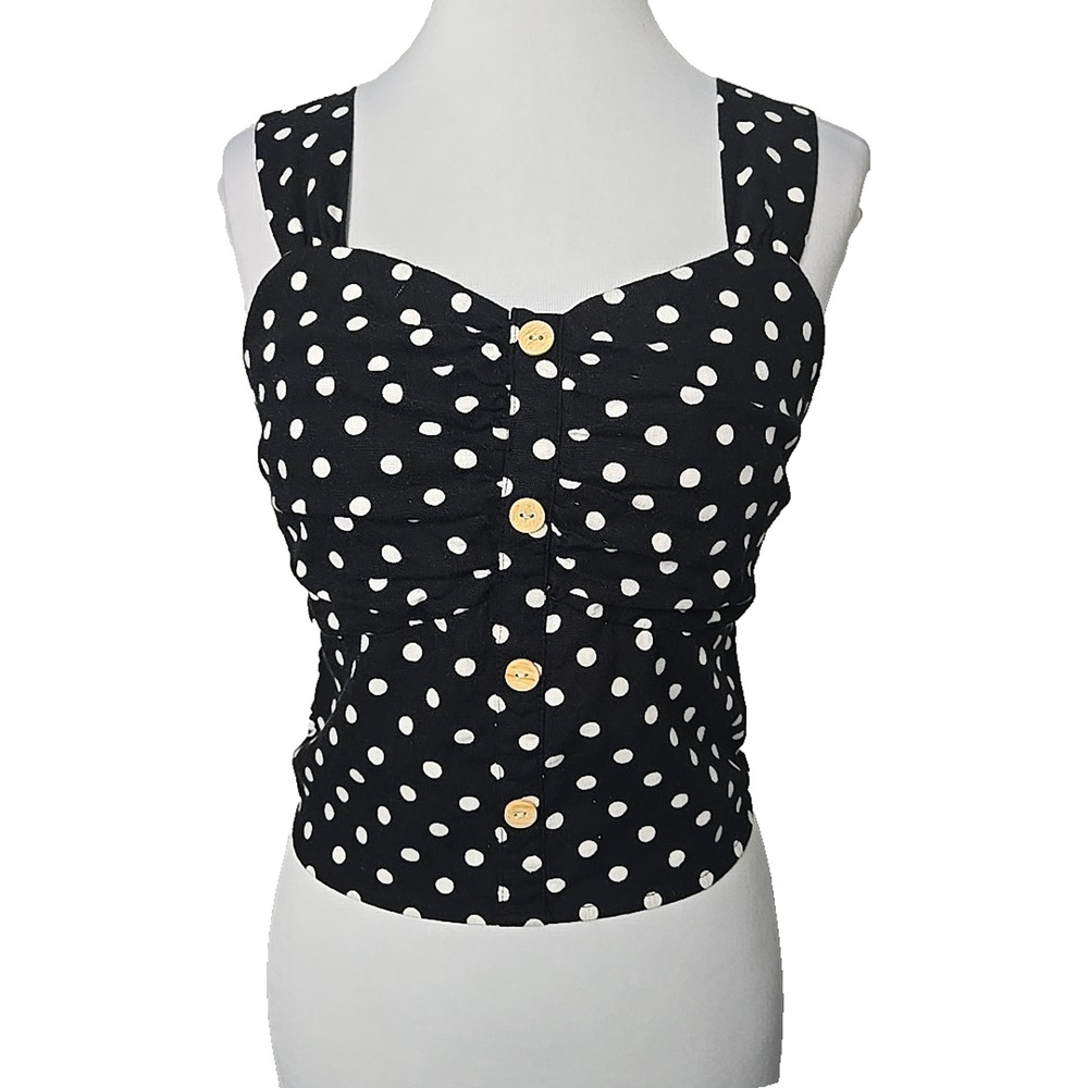 MONTEAU Black Polkadot Cropped Linen Blend Smocked‎ Tank Top Junior XL